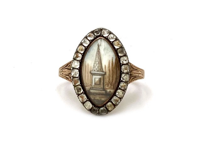 Antique Georgian Sepia Ring with old mine cut diamonds in 14k rose gold and Silver